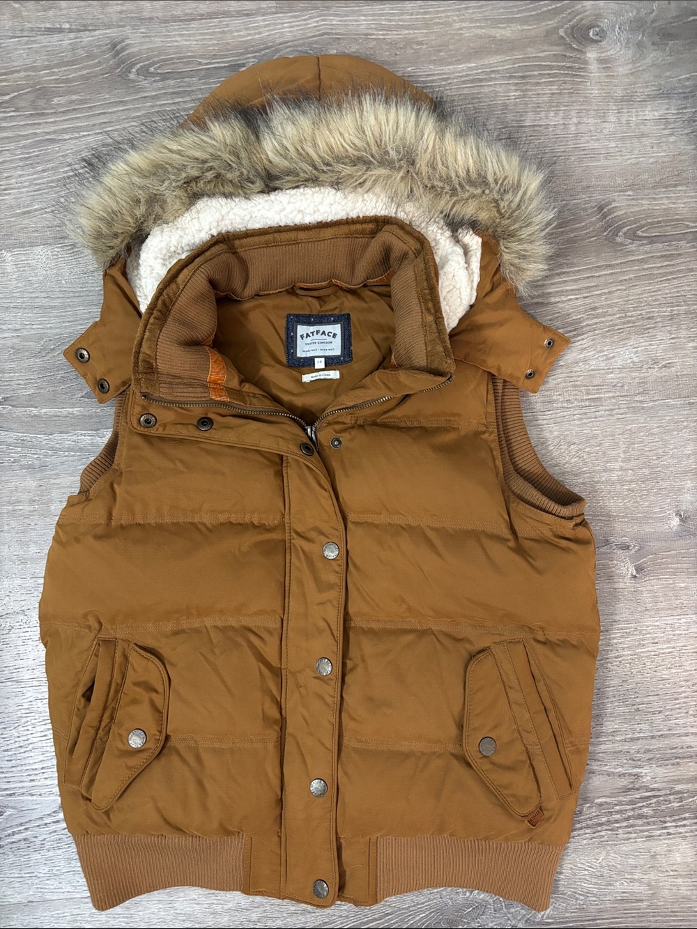 Fat Face Women Tan Gilet Puffer Vest Faux Fur Hood Sherpa Down Sz UK 14/US 10